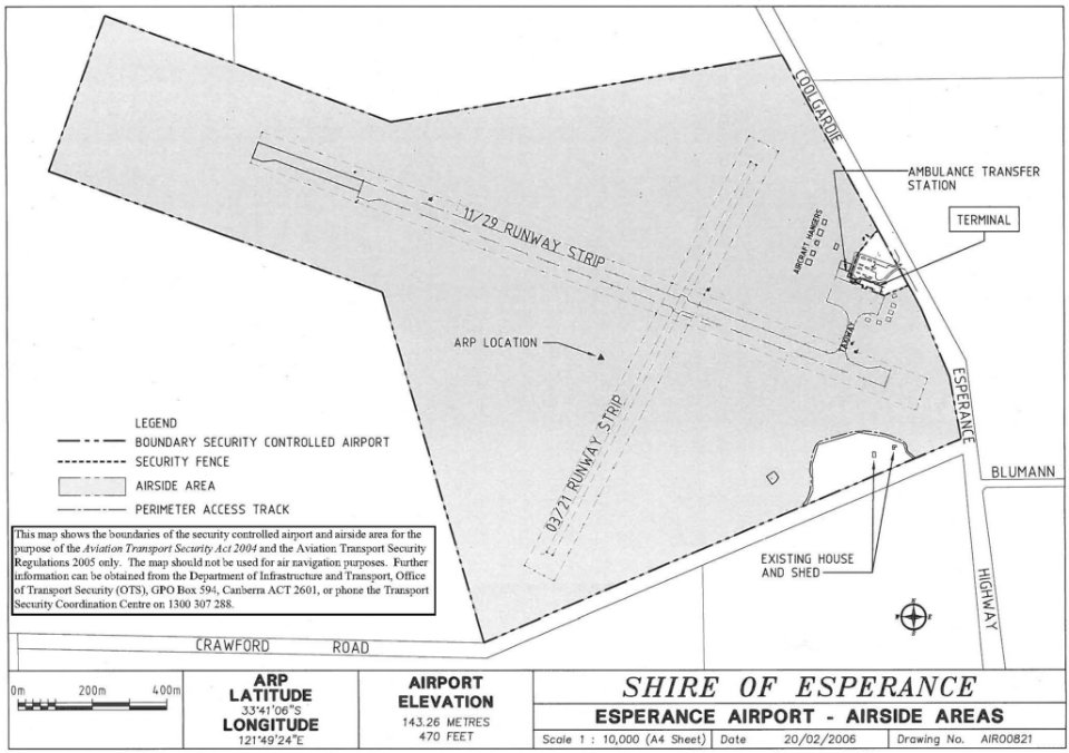 This is a map of Esperance Airport which has been declared a security controlled airport. The map establishes airport boundaries and airside areas for the purposes of section 28 and section 29 of the Aviation Transport Security Act 2004.