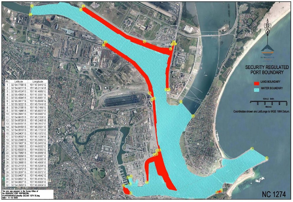 This is a map of the Port of Newcastle which has been declared a security regulated port. The map shows the boundaries of the security regulated port for the purposes of section 13 of the Maritime Transport and Offshore Facilities Security Act 2003.