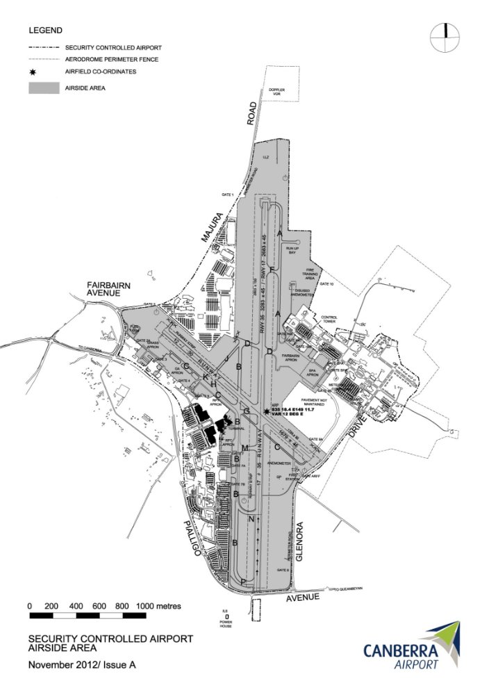 This is a map of Canberra Airport which has been declared a security controlled airport. The map establishes airport boundaries and airside areas for the purposes of section 28 and section 29 of the Aviation Transport Security Act 2004. 