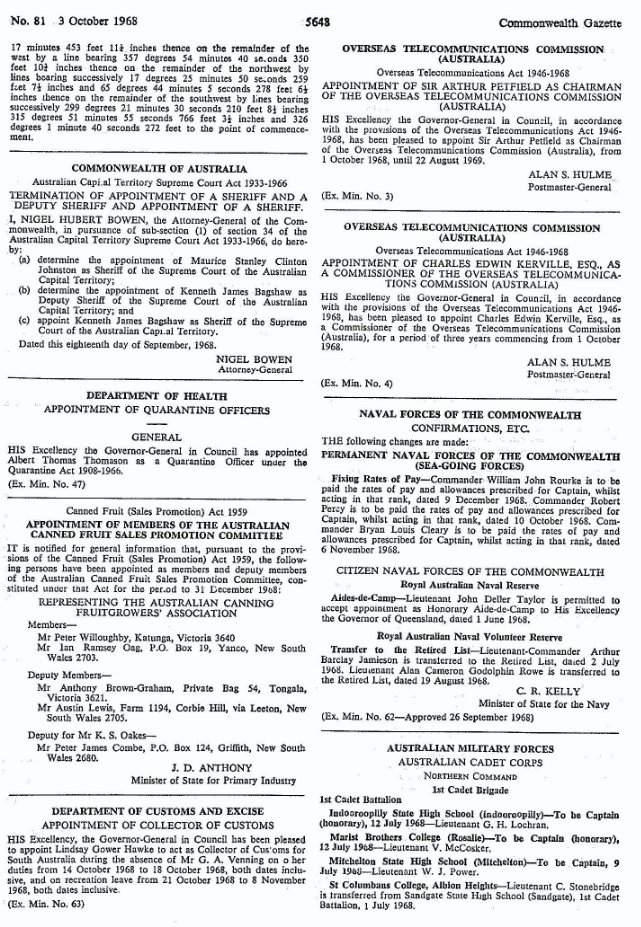 Notice of acquisition of land by the Commonwealth, pursuant to the Lands Acquisition Act 1955, as published on page 5648 of the Commonwealth Gazette on 3 October 1968.