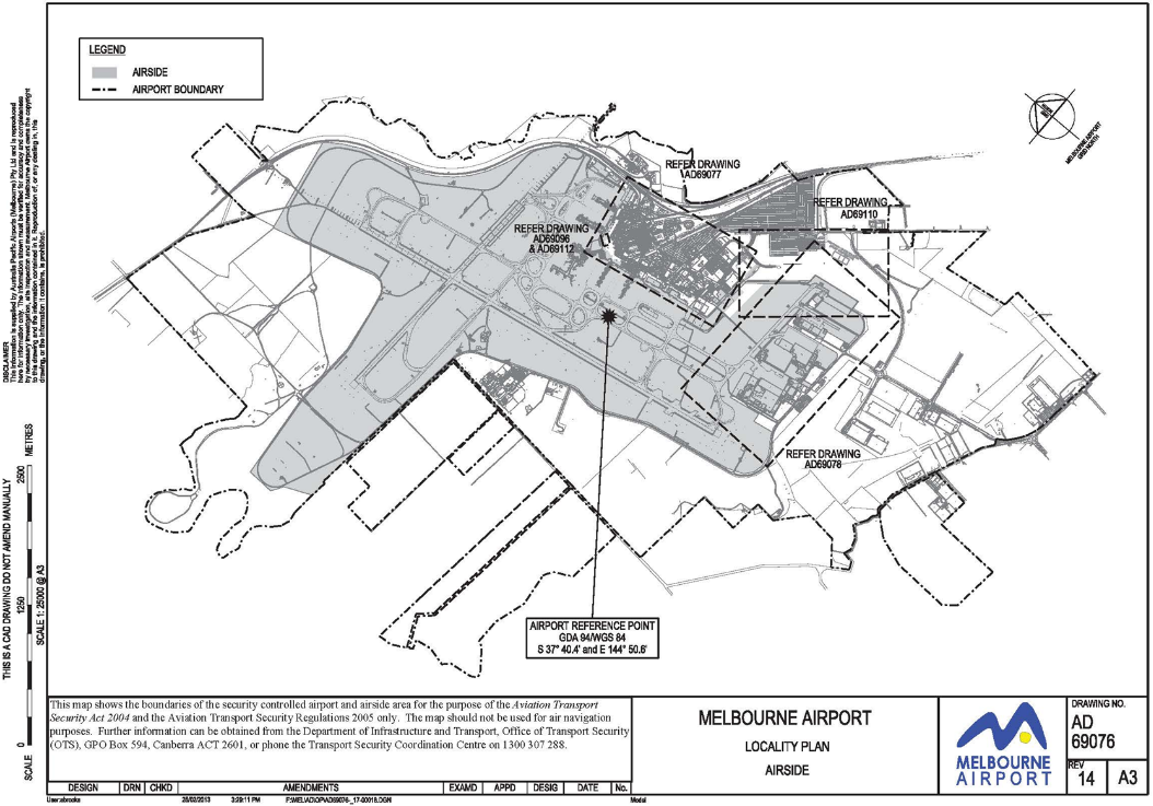 Title: Map of Melbourne Airport - Description: This is a map (1 of 2) of Melbourne Airport which has been declared a security controlled airport. The map establishes airport boundaries and airside areas for the purposes of section 28 and section 29 of the Aviation Transport Security Act 2004.