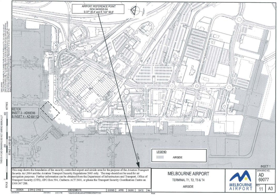 Title: Map of Melbourne Airport - Description: This is a map (2 of 2) of Melbourne Airport which has been declared a security controlled airport. The map establishes airport boundaries and airside areas for the purposes of section 28 and section 29 of the Aviation Transport Security Act 2004.