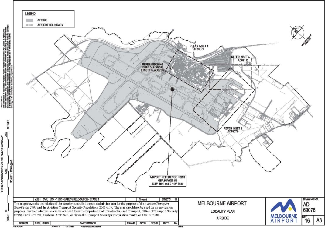 This is a map (1 of 4) of Melbourne Airport which has been declared a security controlled airport. The map establishes airport boundaries and airside areas for the purposes of section 28 and section 29 of the Aviation Transport Security Act 2004.