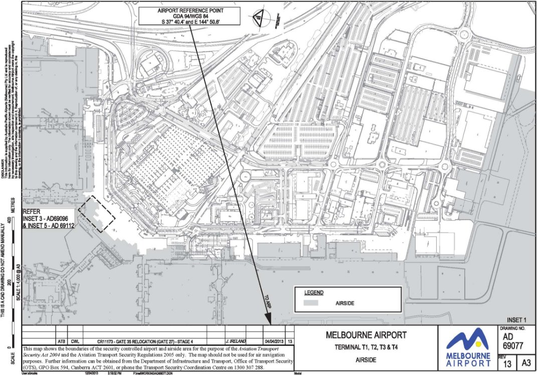 This is a map (2 of 4) of Melbourne Airport which has been declared a security controlled airport. The map establishes airport boundaries and airside areas for the purposes of section 28 and section 29 of the Aviation Transport Security Act 2004.