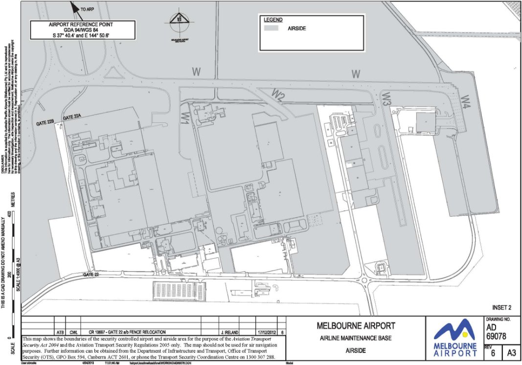 This is a map (3 of 4) of Melbourne Airport which has been declared a security controlled airport. The map establishes airport boundaries and airside areas for the purposes of section 28 and section 29 of the Aviation Transport Security Act 2004.