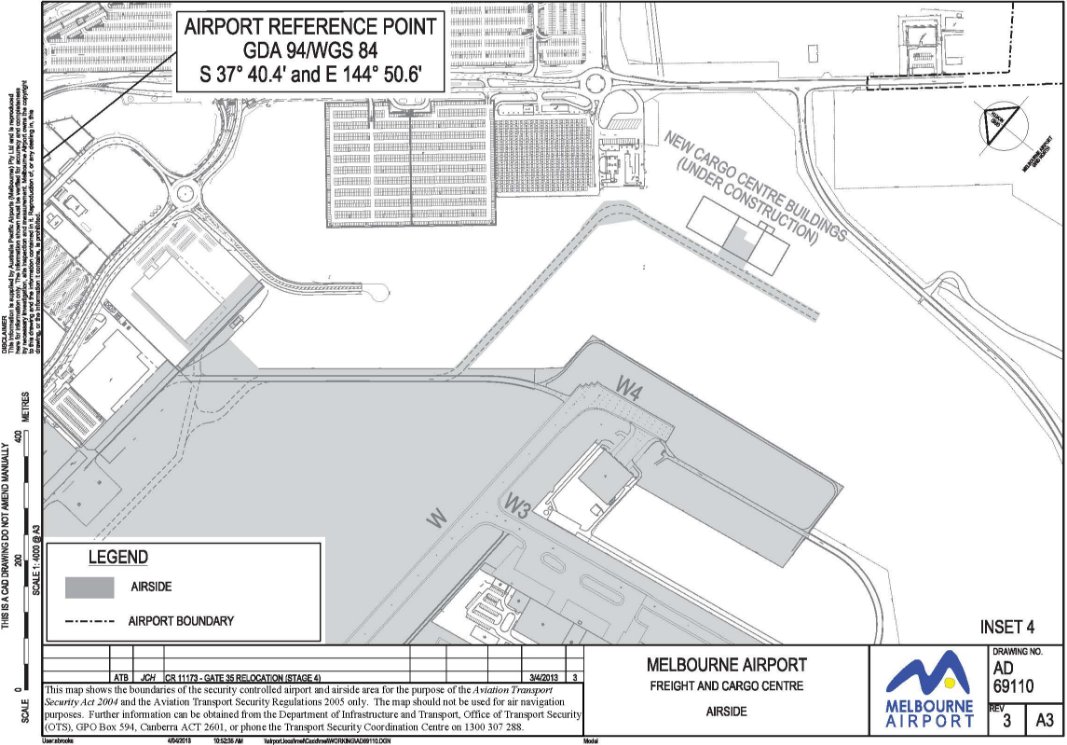 This is a map (4 of 4) of Melbourne Airport which has been declared a security controlled airport. The map establishes airport boundaries and airside areas for the purposes of section 28 and section 29 of the Aviation Transport Security Act 2004.