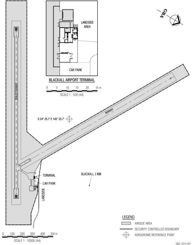 This is a map of Blackall Airport which has been declared a security controlled airport. The map establishes airport boundaries and airside areas for the purposes of section 28 and section 29 of the Aviation Transport Security Act 2004.