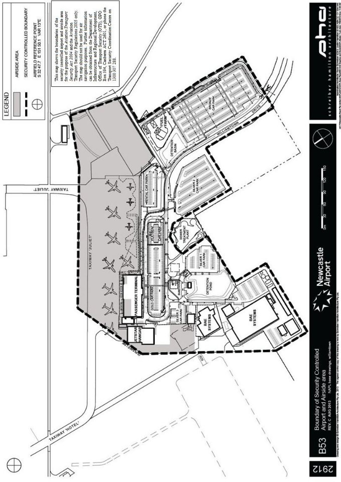 This is a map of Newcastle Airport which has been declared a security controlled airport. The map establishes airport boundaries and airside areas for the purposes of section 28 and section 29 of the Aviation Transport Security Act 2004.