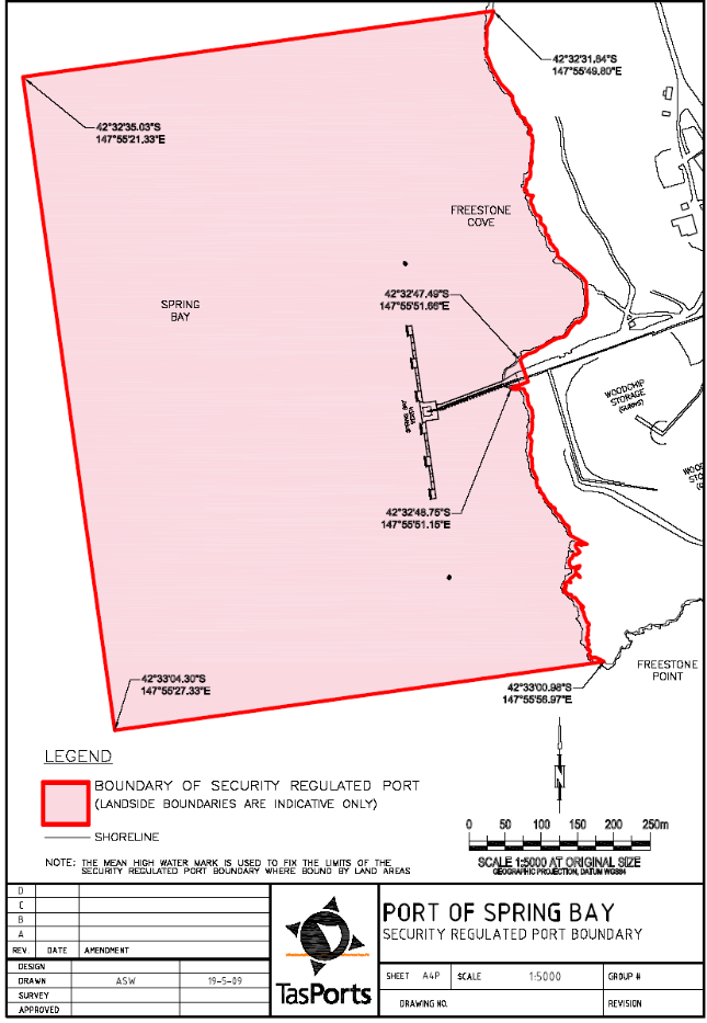 This is a map of the Port of Spring Bay which has been declared a security regulated port. The map shows the boundaries of the security regulated port for the purposes of section 13 of the Maritime Transport and Offshore Facilities Security Act 2003.