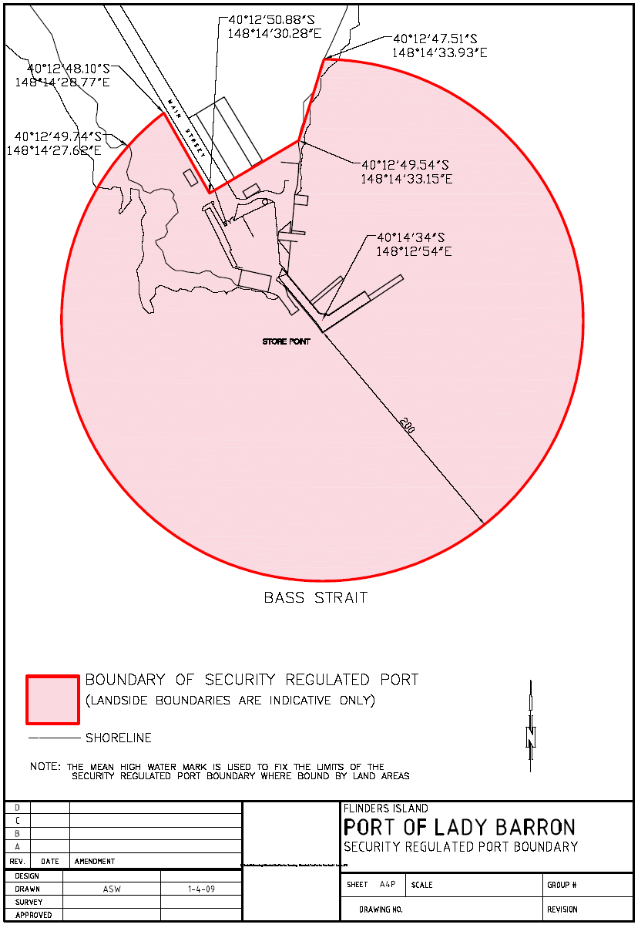 This is a map of the Port of Lady Barron which has been declared a security regulated port. The map shows the boundaries of the security regulated port for the purposes of section 13 of the Maritime Transport and Offshore Facilities Security Act 2003.