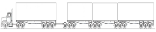 ABB-quad: A prime mover towing a single semitrailer and a set of B-triple trailers, connected by a converter dolly
