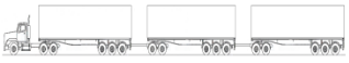 A prime mover towing three semitrailers connected by drawbars
