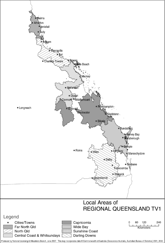 This map is a cartographical representation of the seven areas from which each licensee in the Regional Queensland TV1 choses five “local areas” for the purposes of the Notice.  The map identifies major cities and towns in each area. 