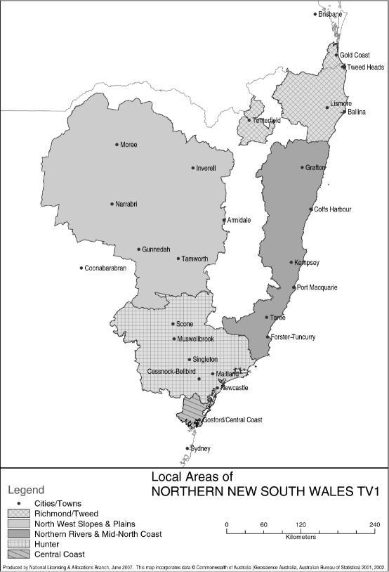 This map at the end of Part 1 of Schedule 1 is a cartographical representation of the five areas from which each licensee in the Northern New South Wales TV1 choses four “local areas” for the purposes of the Notice.  The map identifies major cities and towns in each area. 