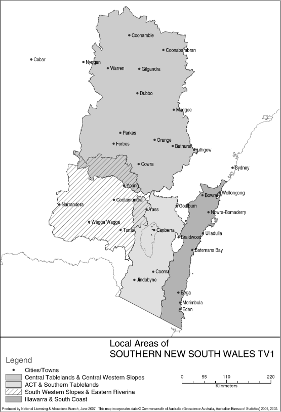 This map is a cartographical representation of Southern New South Wales TV1 which shows the four “local areas” for the purposes of the Notice.  The map identifies major cities and towns in each area. 