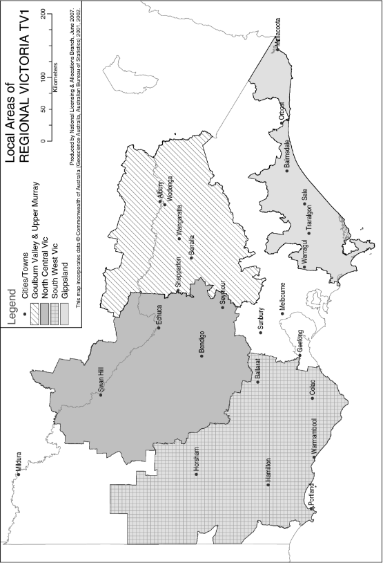 This map is a cartographical representation of Regional Victoria TV1 which shows the four “local areas” for the purposes of the Notice.  The map identifies major cities and towns in each area. 