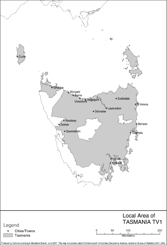 This map is a cartographical representation of Tasmania TV1 which shows the “local area” for the purposes of the Notice.  The map identifies major cities and towns in each area. 