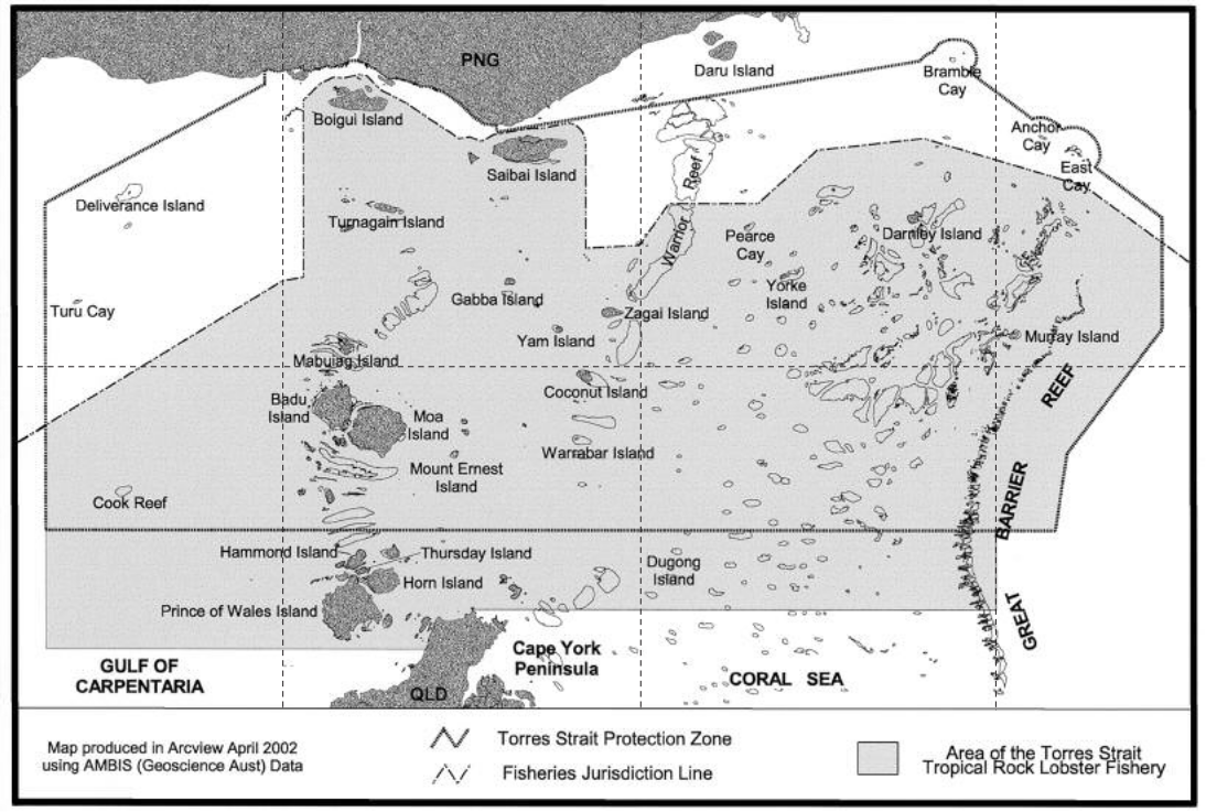 Map of the Torres Strait showing named various islands and reefs centred between Cape York Penisular and  Papua New Guinea Centred on 10 degrees South Latitude and 143 Degrees East Longitude; indicating the shaded area of of the Tropical Rock Lobster Fishery. The Map also shows the boundaries of the Torres Strait Protected Zone (with the shaded fishery extending further south to take in Thursday Island and Prince of Wales Island to Cape York) and the Fisheries Jurisdiction Line ( between Australia and PNG within the TSPZ which forms the northern boundary of the shaded fishery).