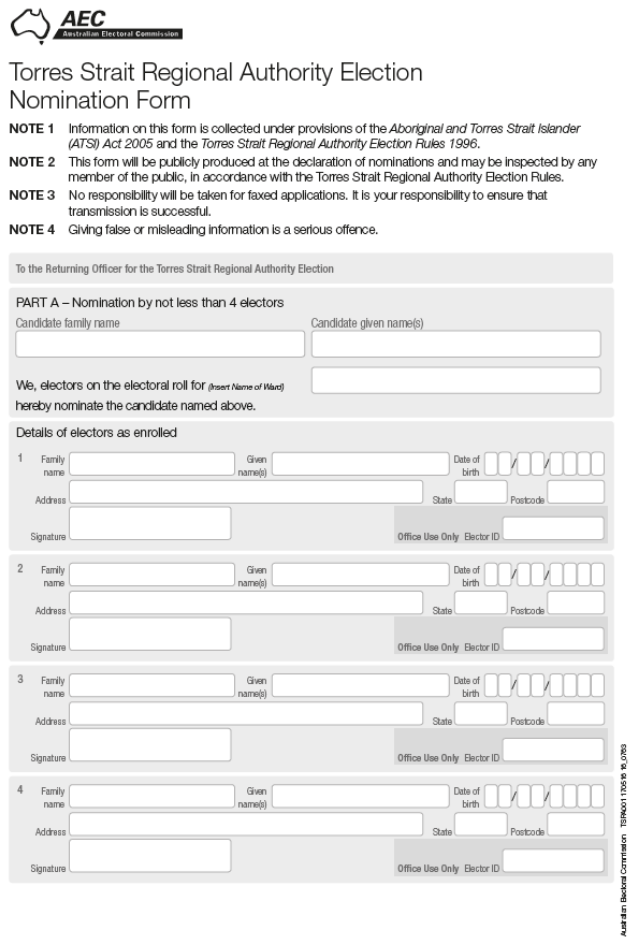 Nomination Form for candidates nominating in the Torres Strait Regional Authority election