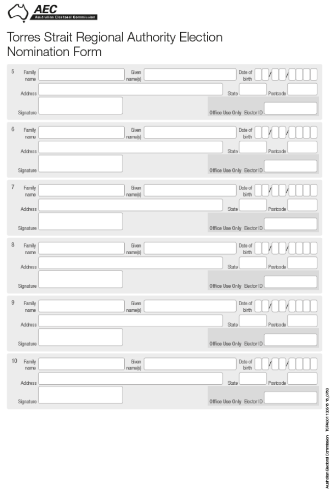 Nomination Form for candidates nominating in the Torres Strait Regional Authority election