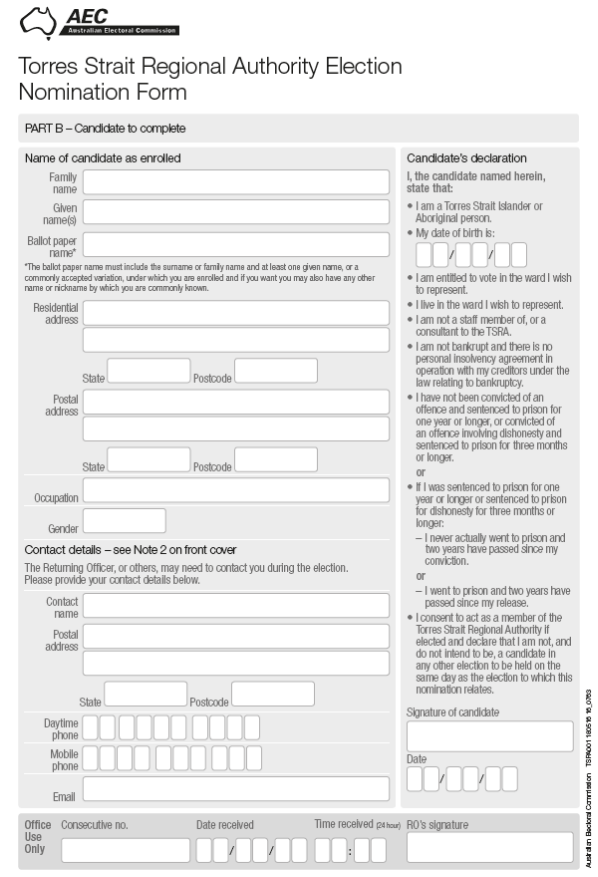 Nomination Form for candidates nominating in the Torres Strait Regional Authority election