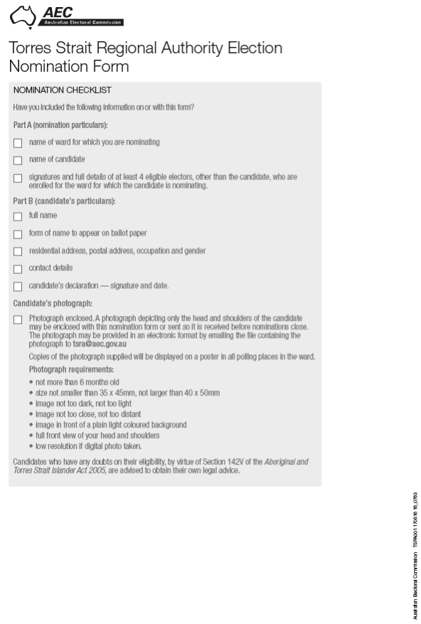 Nomination Form for candidates nominating in the Torres Strait Regional Authority election