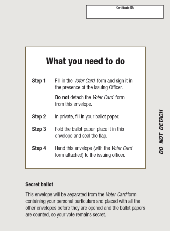 This page shows a voter card which will be used to cast a vote in the Torres Strait Regional Authority election.