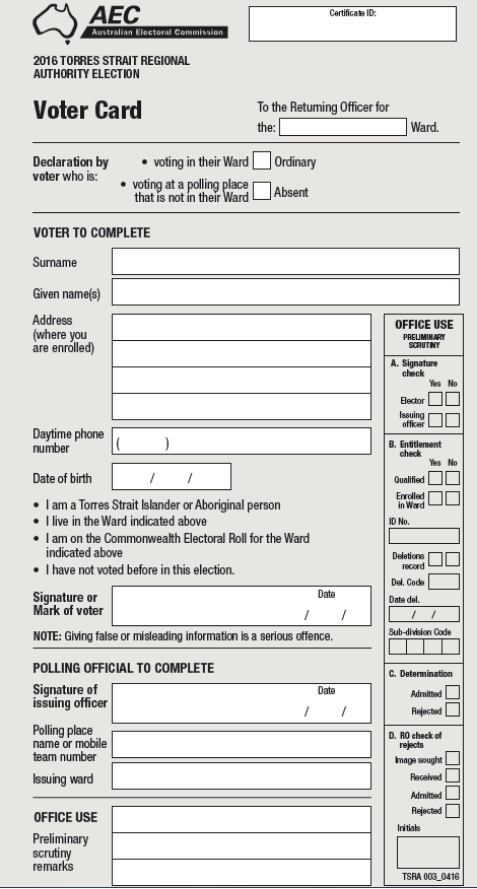 This page shows the detail of the voter card which a voter is required to complete to cast a vote in the Torres Strait Regional Authority election.