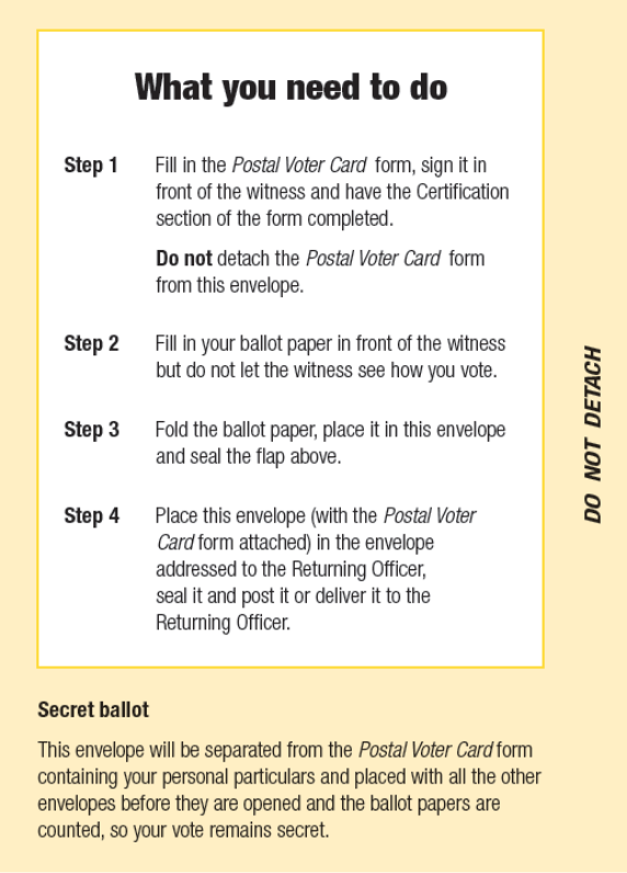 This page shows the first page of the postal voter card which explains how to cast a secret ballot by post in the Torres Strait Regional Authority election.