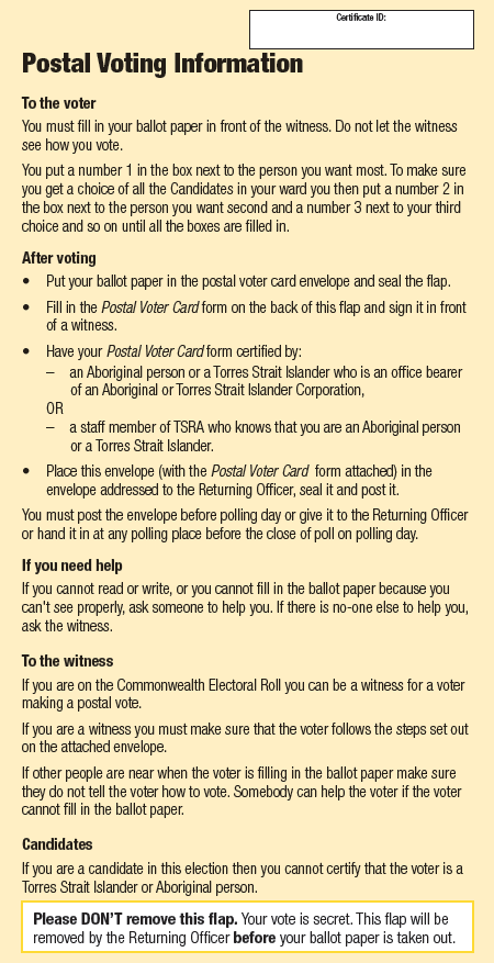 This page shows page 2 of the postal voter card which gives information on how to cast a postal vote in the Torres Strait Regional Authority elections.