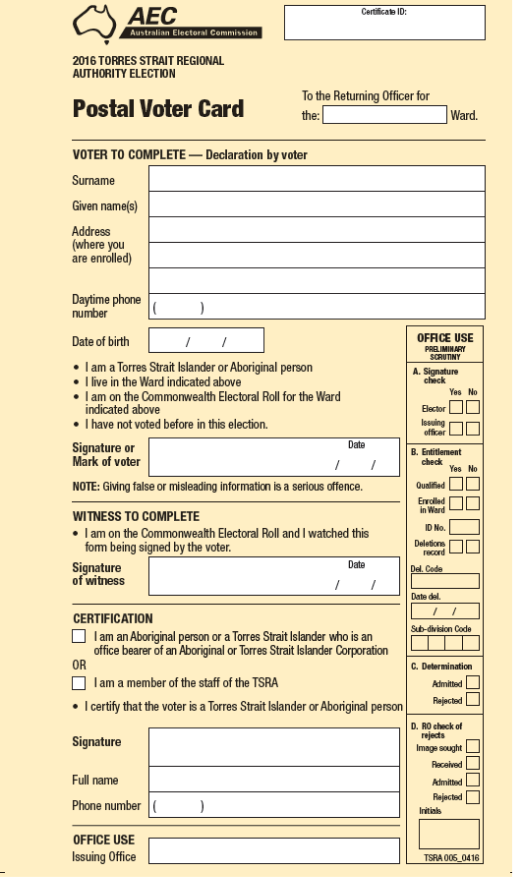 This page shows page 3 of the postal voter card. It shows the detail of the card which needs to be completed in order to cast a vote in the Torres Strait Regional Authority election.