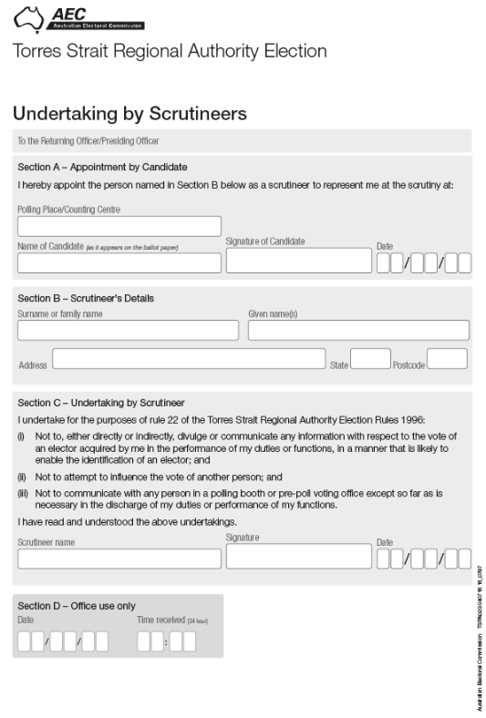 Form to be completed by candidates to appoint scrutineers and for scrutineers to confirm they understand thier responsibilities