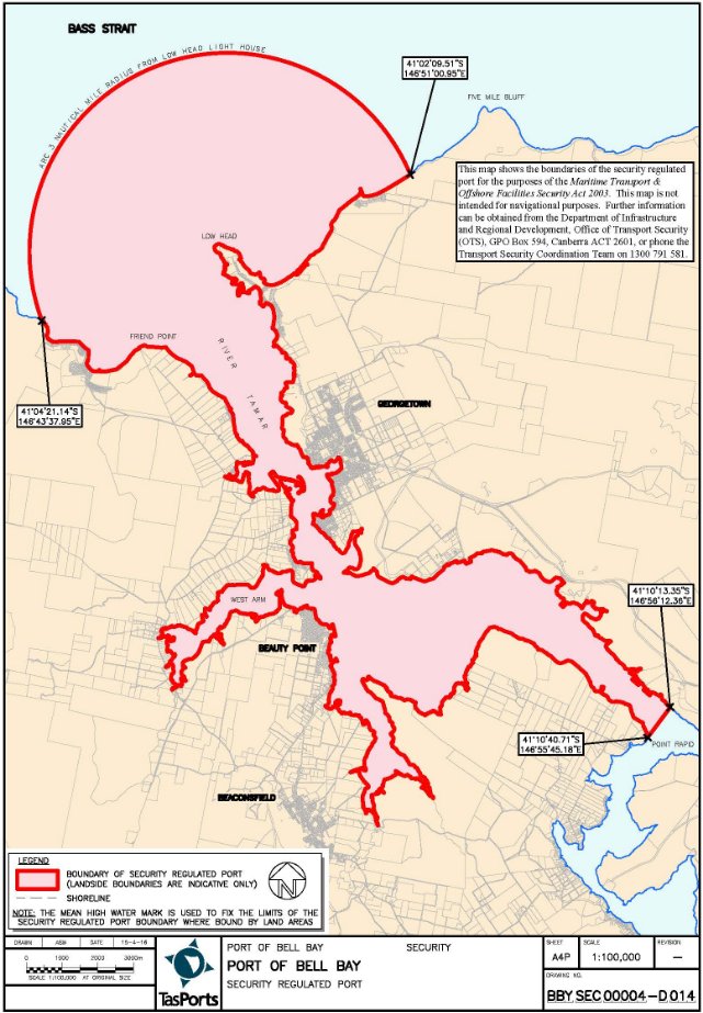 This is a map of the Port of Bell bay which has been declared a security regulated port. The map shows the boundaries of the security regulated port for the purposes of section 13 of the Maritime Transport and Offshore Facilities Security Act 2003.