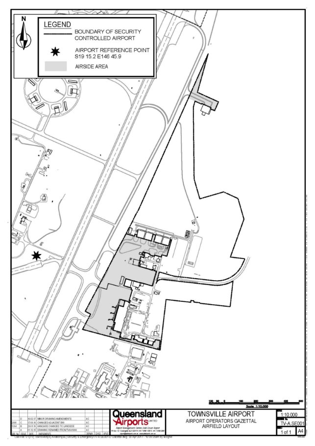 This is a map of Townsville Airport which has been declared a security controlled airport. The map establishes airport boundaries and airside areas for the purposes of section 28 and section 29 of the Aviation Transport Security Act 2004.