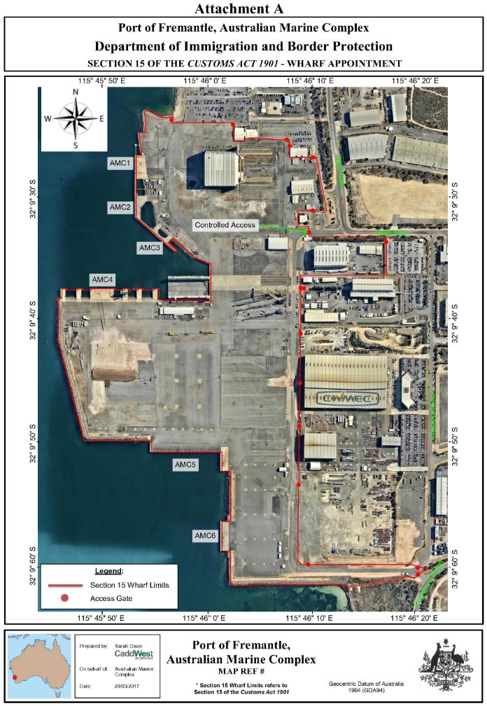 Section 15 Fremantle Marine Complex
This map shows the wharf limits proclaimed under section 15 of the customs Act 1901.Further infromation can be obtained from The Department of Immigration and Border Protection Services 5 Constitution Ave Canberra ACT 2600.