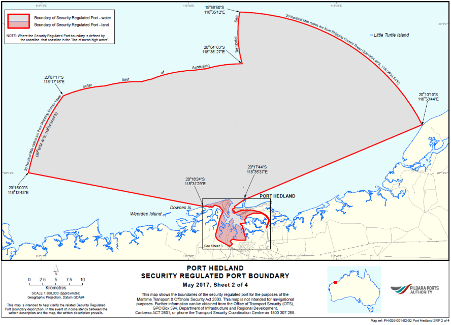 This is a map [map 1 of 3] of the Port of Port Hedland which has been declared a security regulated port. The map shows the boundaries of the security regulated port for the purposes of section 13 of the Maritime Transport and Offshore Facilities Security Act 2003.