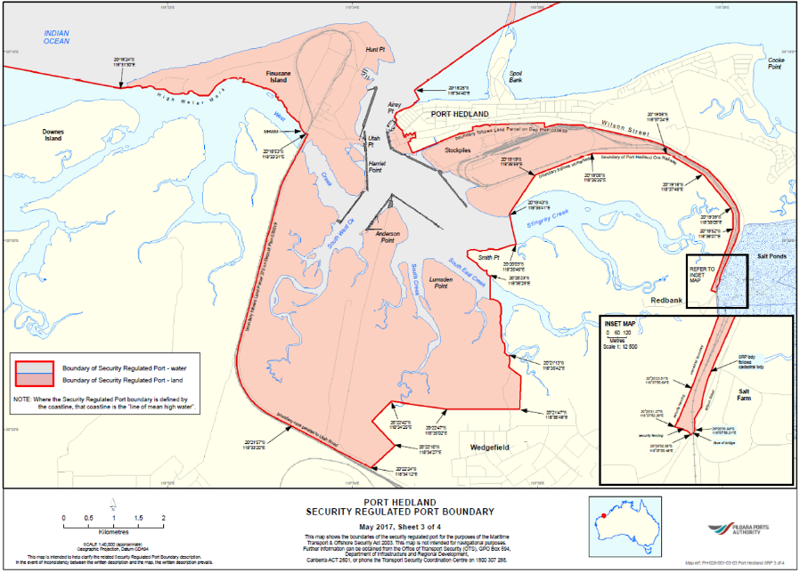 This is a map [map 2 of 3] of the Port of Port Hedland which has been declared a security regulated port. The map shows the boundaries of the security regulated port for the purposes of section 13 of the Maritime Transport and Offshore Facilities Security Act 2003.