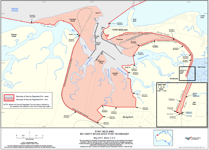 This is a map [map 3 of 3] of the Port of Port Hedland which has been declared a security regulated port. The map shows the boundaries of the security regulated port for the purposes of section 13 of the Maritime Transport and Offshore Facilities Security Act 2003.