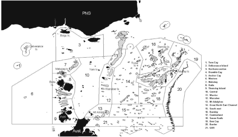 This is map of Torres Strait fishing areas.  Each area is numbered.
1.	Turu Cay
2.	Deliverance Island
3.	Northern section
4.	Bramble Cay
5.	Anchor Cay
6.	Western
7.	Mabulag
8.	Badu
9.	Thursday Island
10.	Central
11.	Warrior
12.	Waraber
13.	Mt. Adulphos
14.	Great North East Channel
15.	South east
16.	Darnley
17.	Cumberland
18.	Seven Reejs
19.	Don Cay
20.	Barrier
21.	GBR
