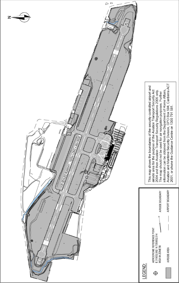 This is a map of Gladstone Airport which has been declared a security controlled airport. The map establishes airport boundaries and airside areas for the purposes of section 28 and section 29 of the Aviation Transport Security Act 2004.