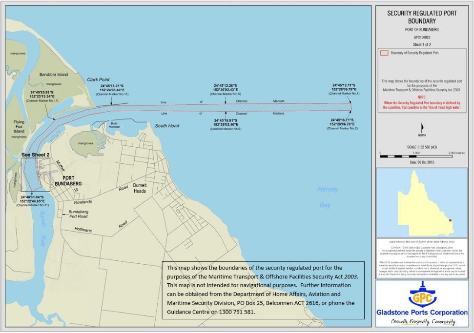 This is a map [map 1 of 2] of the Port of Bundaberg which has been declared a security regulated port. The map shows the boundaries of the security regulated port for the purposes of section 13 of the Maritime Transport and Offshore Facilities Security Act 2003.