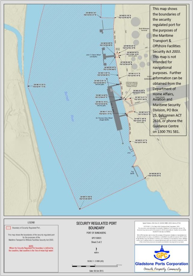 This is a map [map 2 of 2] of the Port of Bundaberg which has been declared a security regulated port. The map shows the boundaries of the security regulated port for the purposes of section 13 of the Maritime Transport and Offshore Facilities Security Act 2003.