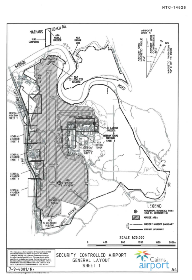 This is map 1 of 9 of Cairns Airport which has been declared a security controlled airport.  The map establishes airport boundaries and airside areas for the purposes of section 28 and section 29 of the Aviation Transport Security Act 2004.