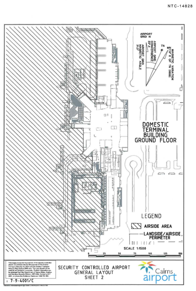 This is map 2 of 9 of Cairns Airport which has been declared a security controlled airport.  The map establishes airport boundaries and airside areas for the purposes of section 28 and section 29 of the Aviation Transport Security Act 2004.