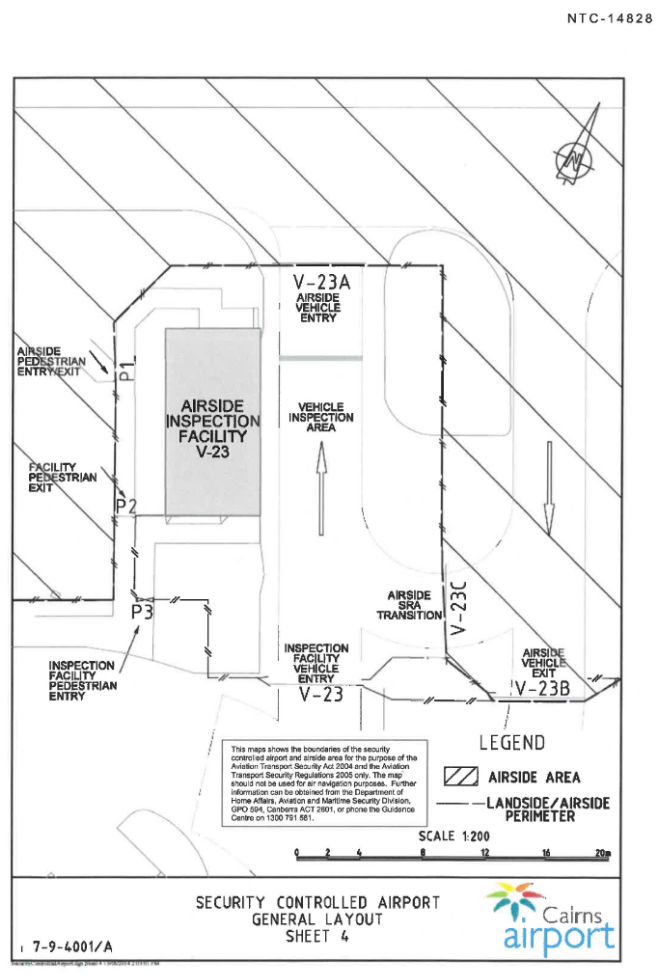 This is map 4 of 9 of Cairns Airport which has been declared a security controlled airport.  The map establishes airport boundaries and airside areas for the purposes of section 28 and section 29 of the Aviation Transport Security Act 2004.