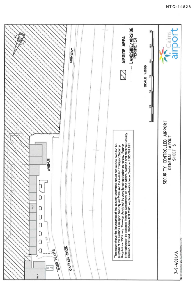 This is map 5 of 9 of Cairns Airport which has been declared a security controlled airport.  The map establishes airport boundaries and airside areas for the purposes of section 28 and section 29 of the Aviation Transport Security Act 2004.