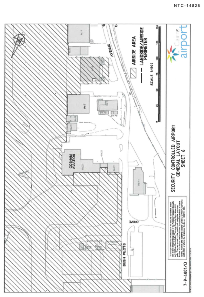 This is map 6 of 9 of Cairns Airport which has been declared a security controlled airport.  The map establishes airport boundaries and airside areas for the purposes of section 28 and section 29 of the Aviation Transport Security Act 2004.