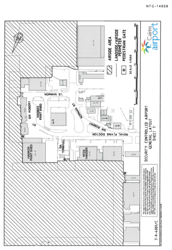 This is map 7 of 9 of Cairns Airport which has been declared a security controlled airport.  The map establishes airport boundaries and airside areas for the purposes of section 28 and section 29 of the Aviation Transport Security Act 2004.