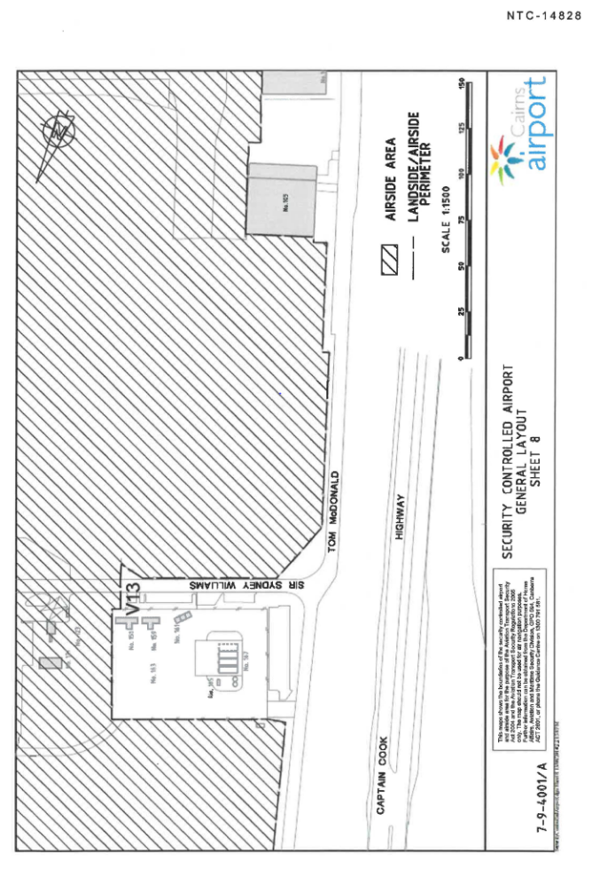 This is map 8 of 9 of Cairns Airport which has been declared a security controlled airport.  The map establishes airport boundaries and airside areas for the purposes of section 28 and section 29 of the Aviation Transport Security Act 2004.