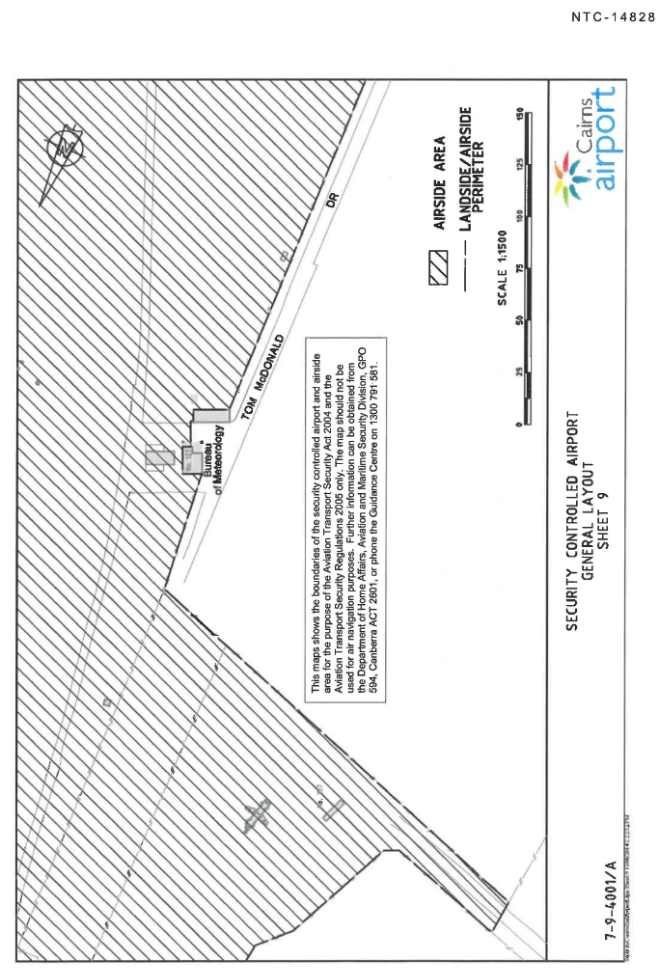 This is map 9 of 9 of Cairns Airport which has been declared a security controlled airport.  The map establishes airport boundaries and airside areas for the purposes of section 28 and section 29 of the Aviation Transport Security Act 2004.